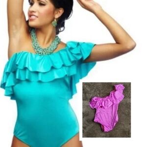 Pink Ruffle One Sleeve Ruffle Ruched Swimsuit Y2K Vacation Beach Travel Size XL